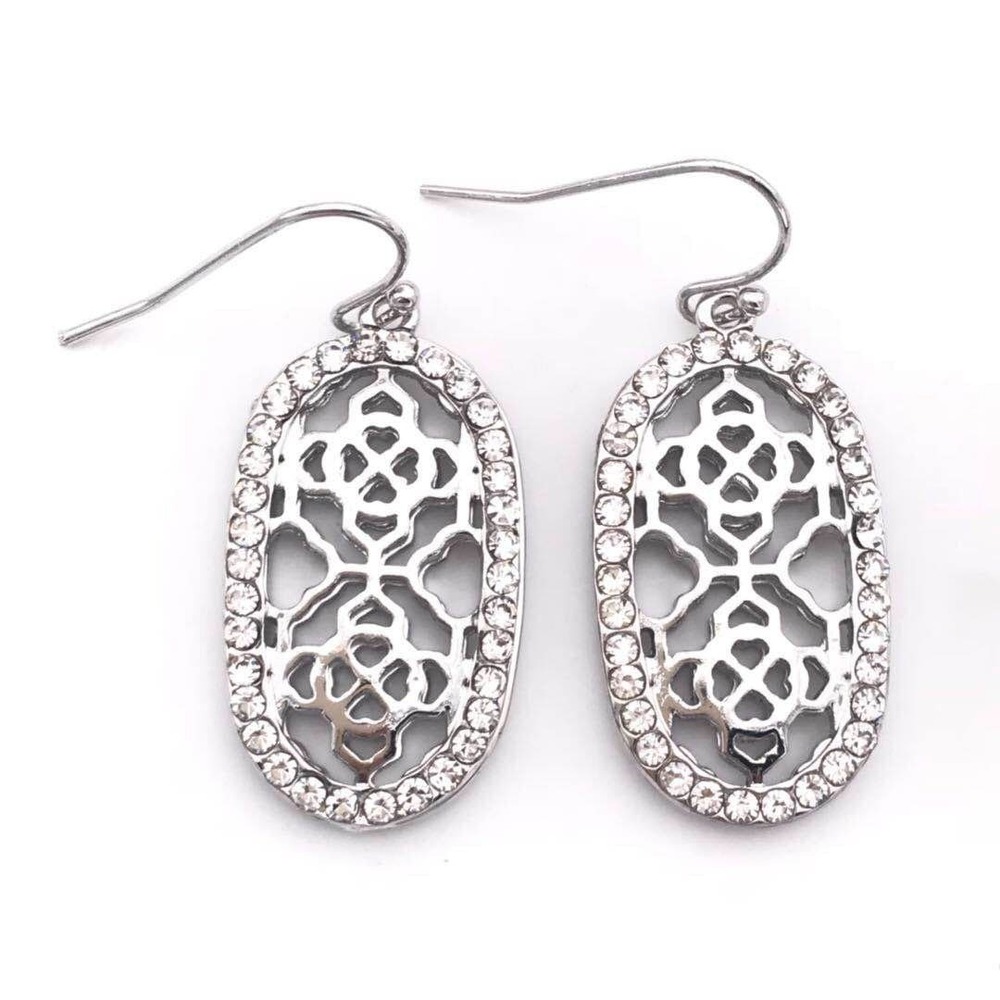 Silver Filigree Oval Drop Earrings Rhinestone Halo Dangle French Hook New